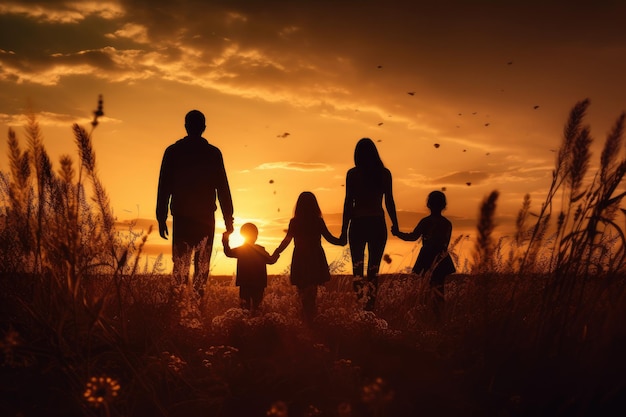 Silhouette einer glücklichen Familie auf dem Hintergrund des Sonnenuntergangs Mutter, Vater und Kinder Silhouetten einer glückseligen Familie, die sich bei Sonnenuntergang auf der Wiese die Hände halten