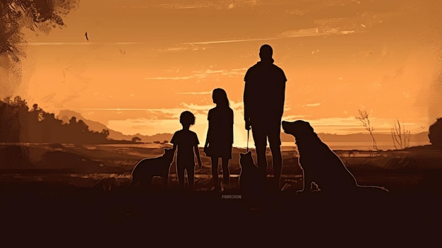 Silhouette einer glücklichen Familie mit Kindern und Hund