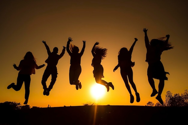Silhouette einer Gruppe glücklicher Menschen, die bei Sonnenuntergang vor Freude springen, Kopierraum, der von Ai generiert wurde