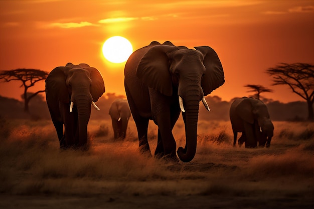 Silhouette einer Gruppe von Elefanten, die in der Savanne Afrikas bei Sonnenuntergang mit einer riesigen Sonne spazieren geht