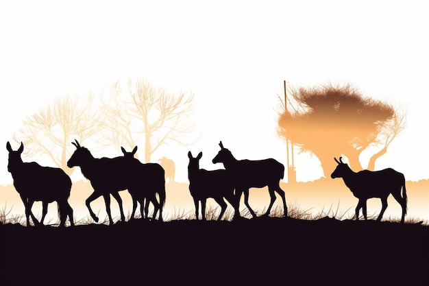 Foto silhouette einer gruppe von eseln in der savanne
