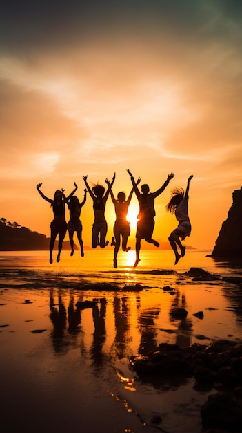 Silhouette einer Gruppe von Freunden, die bei Sonnenuntergang ins Wasser springen