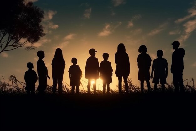 Silhouette einer Gruppe von Kindern, die bei Sonnenuntergang auf dem Feld stehen generative KI