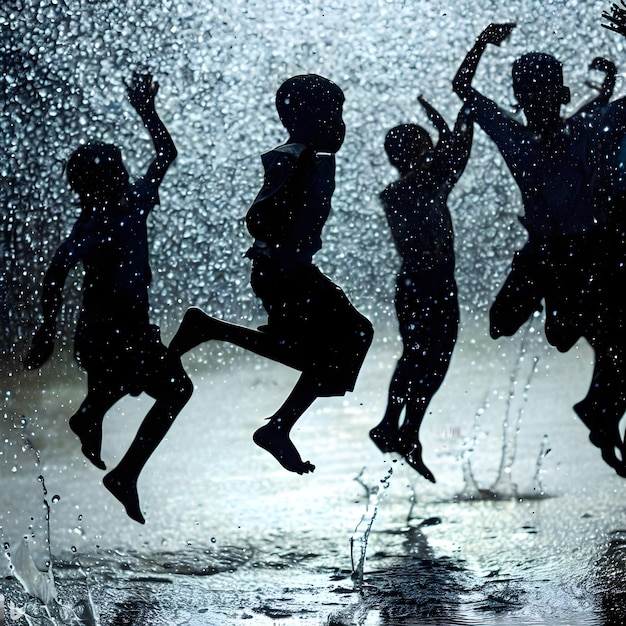 Foto silhouette einer gruppe von kindern, die ins wasser springen