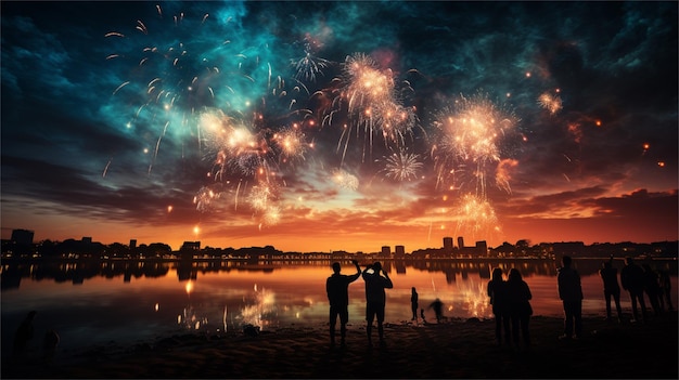 Silhouette einer Gruppe von Menschen mit Feuerwerk im Hintergrund