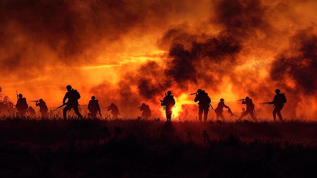Foto silhouette einer gruppe von soldaten, die mit feuer und rauch kämpfen