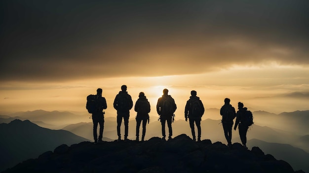 Silhouette einer Gruppe Wanderer auf einem Berggipfel bei Sonnenaufgang