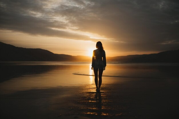 Silhouette einer jungen Frau, die bei Sonnenuntergang am Strand läuft