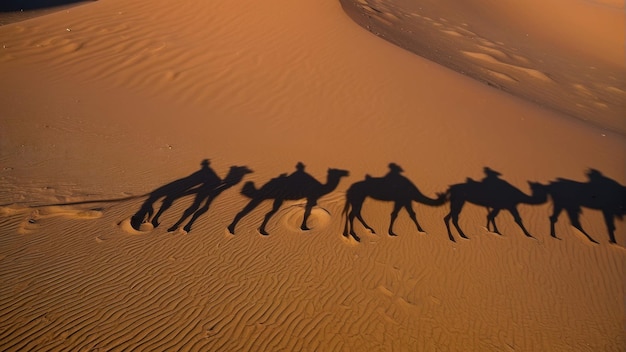 Silhouette einer Kamelkarawane auf Wüstendünen