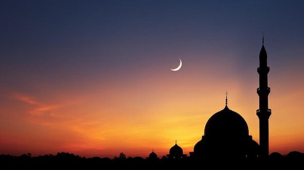 Silhouette einer Moschee und eines Mondes bei Sonnenuntergang im Ramadan-Kareem-Hintergrund