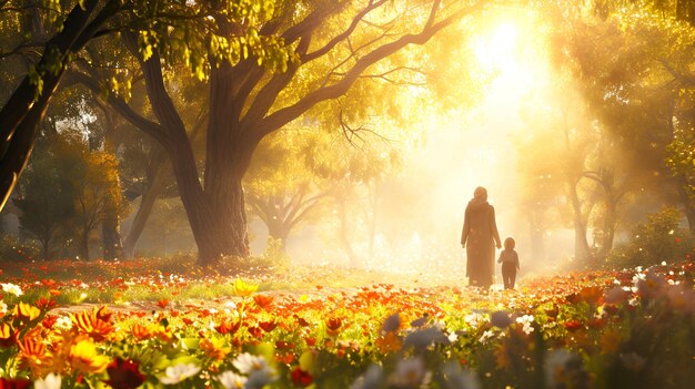 Silhouette einer Mutter und eines Kindes, die im Park unter Blumen spazieren gehen