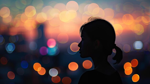 Silhouette einer nachdenklichen jungen Frau gegen ein Bokeh-Licht-Stadtbild in der Dämmerung