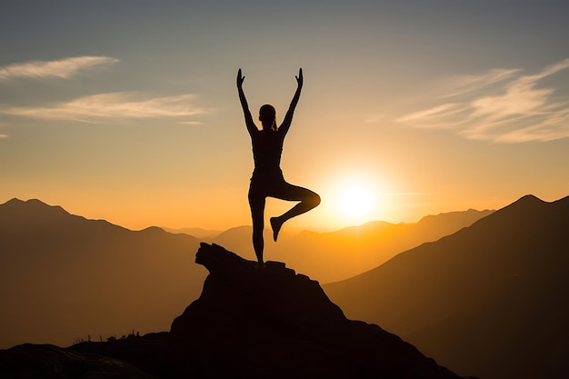 Silhouette einer Person, die auf einem Berggipfel Yoga macht