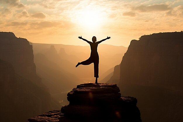 Silhouette einer Person, die bei Sonnenaufgang auf einer Klippe Yoga macht