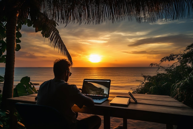 Silhouette einer Person, die draußen am Strand zur goldenen Stunde an ihrem Laptop arbeitet, Rückansicht