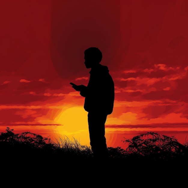 Silhouette einer Person, die draußen ein Mobiltelefon bei Sonnenuntergang hält