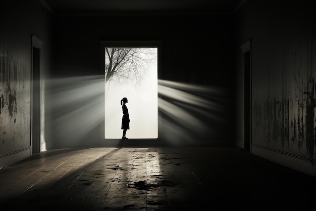 Foto silhouette einer person, die in einem leeren raum steht, fühlt sich von der ki generiert