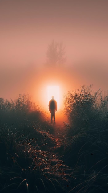 Silhouette einer Person, die in einer nebligen Landschaft in Richtung Licht geht