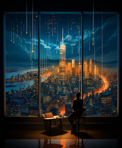 Silhouette einer Person in der Nacht Stadt Hintergrund Abend Wolkenkratzer Mann steht Generative KI
