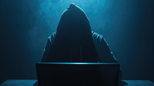 Foto silhouette einer person in einem hoodie, die an einem laptop in einem dunklen raum arbeitet, mit einem blauen licht, das vom bildschirm ausgeht