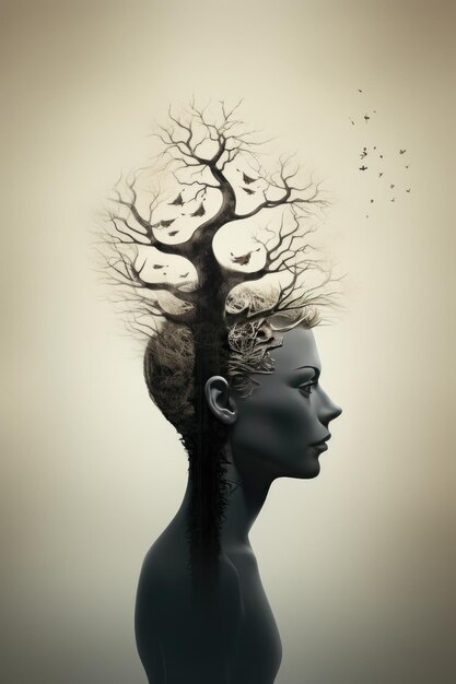 Silhouette einer Person mit Zweigen, die den Geisteszustand der neuronalen Verbindung symbolisieren