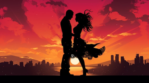 Silhouette einer romantischen Clouple, die bei Sonnenuntergang im Cloudpunk-Stil tanzt