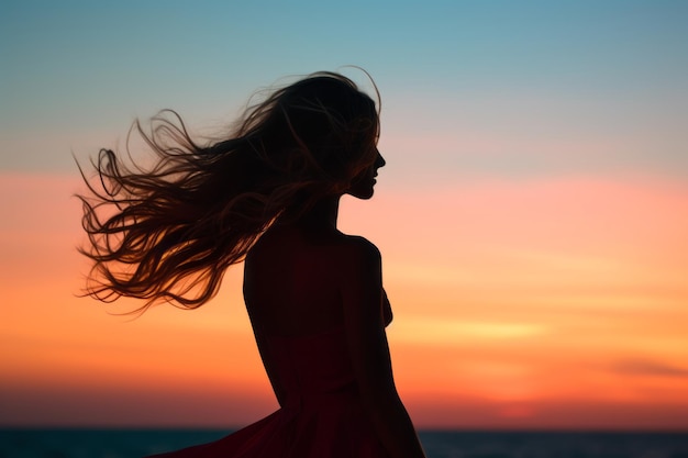 Silhouette einer schönen Frau mit langen Haaren, die bei Sonnenuntergang am Strand steht