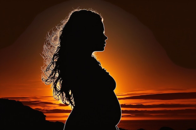 Silhouette einer schwangeren Frau vor dem Hintergrund des Sonnenuntergangs