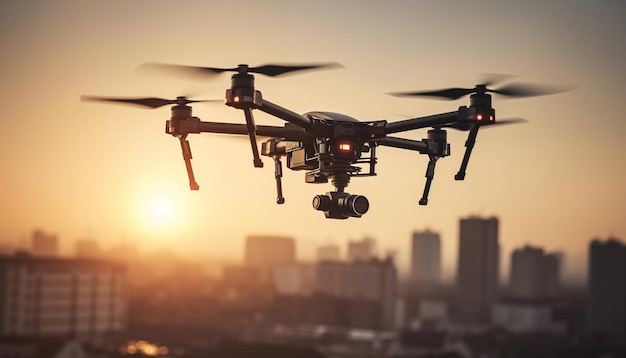 Silhouette einer schwebenden Drohne, die das von KI erzeugte Stadtbild überwacht