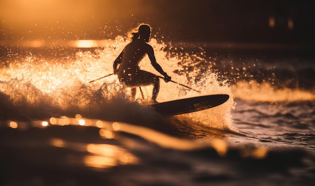 Silhouette einer Surferin, die bei Sonnenuntergang auf ruhigem Wasser paddelt