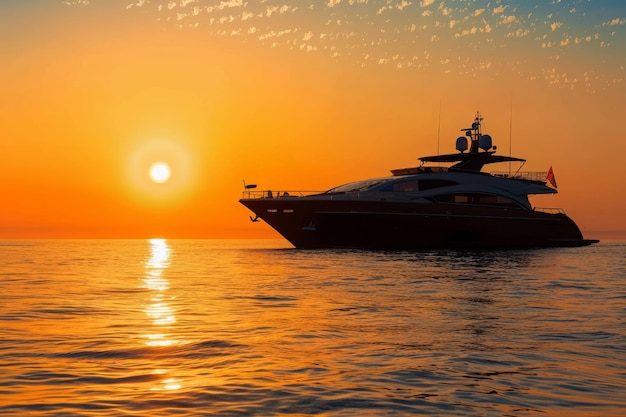 Silhouette einer Yacht im Meer bei Sonnenuntergang