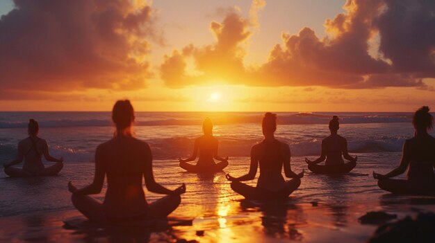 Silhouette einer Yoga-Gruppe beim Sonnenuntergang