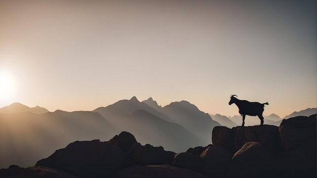 Silhouette einer Ziege, die auf einem Felsen steht