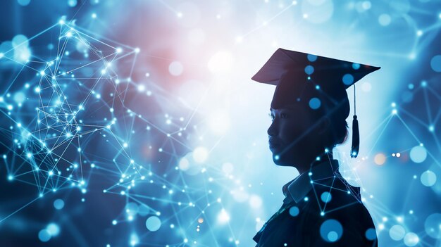 Silhouette eines Absolventen mit einer digitalen Netzwerküberlagerung, die Bildung und technologische Verbindung symbolisiert