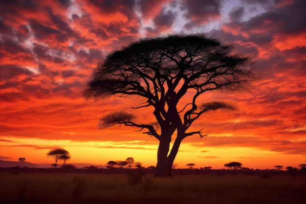 Silhouette eines Akazienbaums bei Sonnenuntergang in einer riesigen Savanne, erstellt mit generativer KI