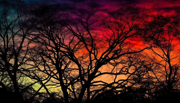 Silhouette eines Akazienbaums mit Hintergrundbeleuchtung durch den von KI generierten Sonnenuntergang