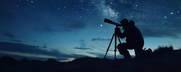 Foto silhouette eines amateurastronomen, der ein teleskop benutzt, um den sternenreichen nachthimmel zu erforschen konzept der entdeckung astronomie und wissenschaft