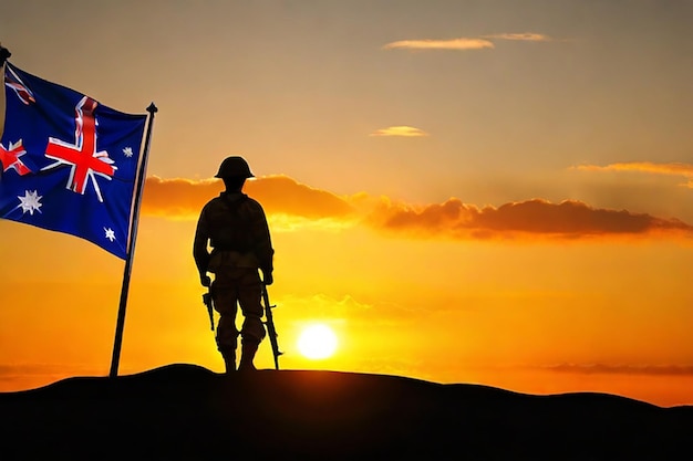 Silhouette eines australischen Soldaten mit umgekehrten Armen gegen ein goldenes Sonnenaufgangskreuz und die australische Flagge