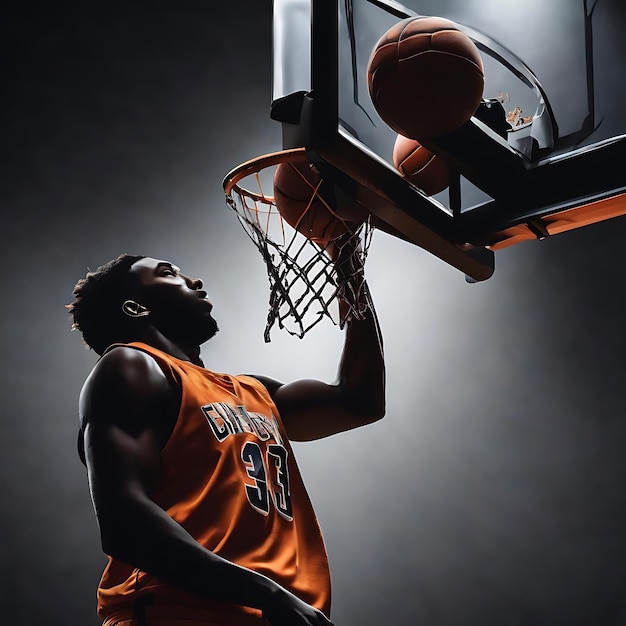 Silhouette eines Basketballspielers, der einen Basketball auf schwarzem Hintergrund hält