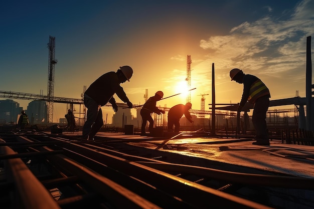 Silhouette eines Bauarbeiteres Bei dem Betongießen bei der kommerziellen Betonierung von Gebäudeböden