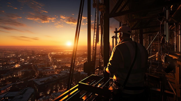 Silhouette eines Bauarbeiters, der auf der Baustelle arbeitet, und eines Turmkrans beim Sonnenuntergang