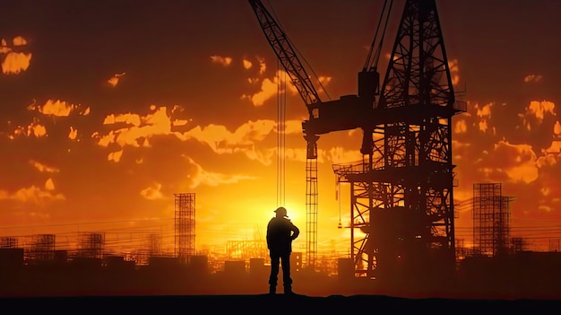 Silhouette eines Bauarbeiters, der auf der Baustelle arbeitet, und eines Turmkrans beim Sonnenuntergang
