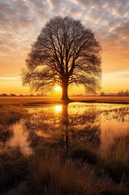 Silhouette eines Baumes auf einer friedlichen Wiese während der goldenen Stunde, erstellt mit generativer KI