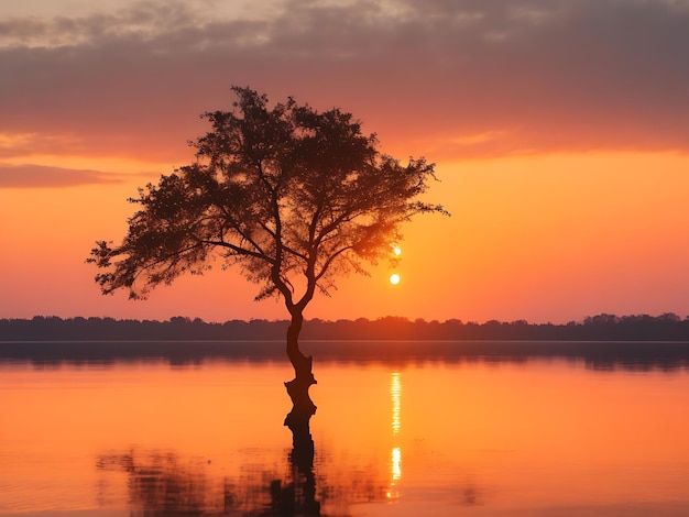 Silhouette eines Baumes in der Nähe eines Gewässers während eines wunderschönen Sonnenuntergangs, AI generiert