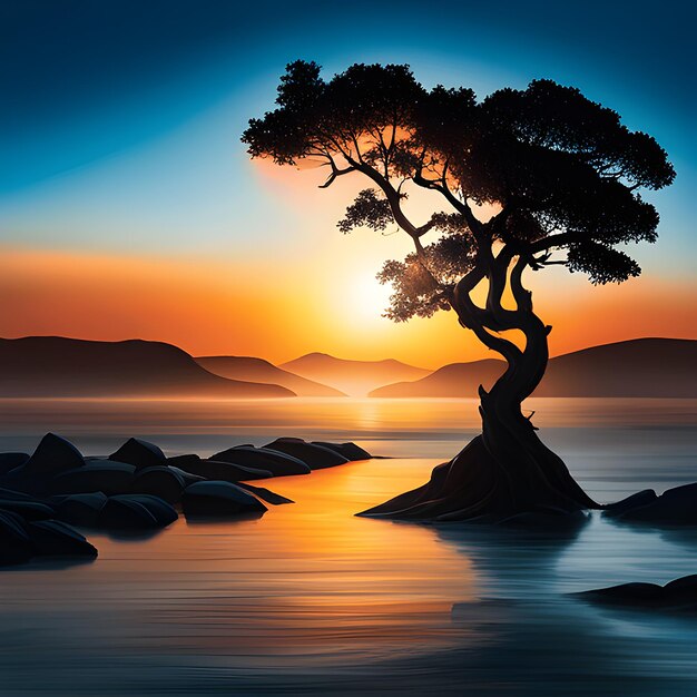 Silhouette eines Baumes in der Nähe eines Wasserkörpers bei schönem Sonnenuntergang und gut aussehend