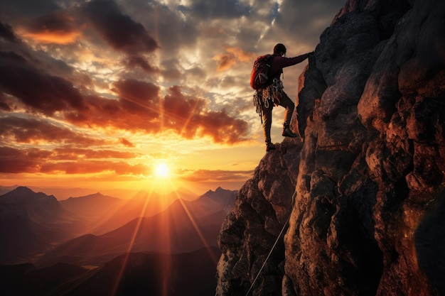 Silhouette eines Bergsteigers auf der Spitze eines Bergsteigers beim Sonnenuntergang AI Generated