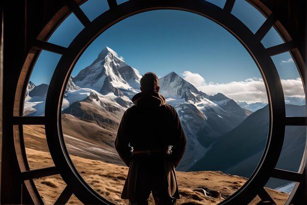 Foto silhouette eines bergsteigers blickt durch das kreisförmige hüttenfenster auf den dramatischen gipfel