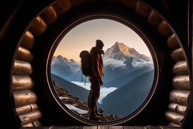 Foto silhouette eines bergsteigers blickt durch das kreisförmige hüttenfenster auf den dramatischen gipfel