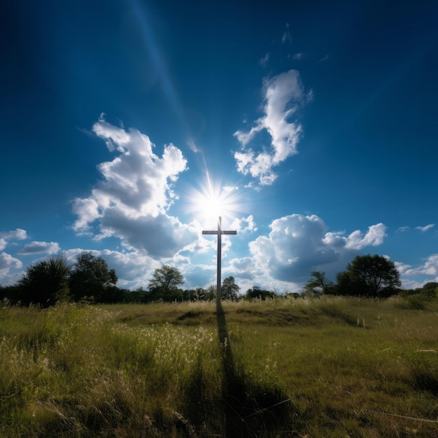 Silhouette eines christlichen Kreuzes auf einer Wiese, Sonnenuntergang, bewölkter blauer Himmel, Religionskonzept