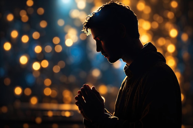 Silhouette eines christlichen Mannes, der mit der Hand betet, Spiritualität und ein Religionsmensch, der zu Gott betet. Christentumskonzept